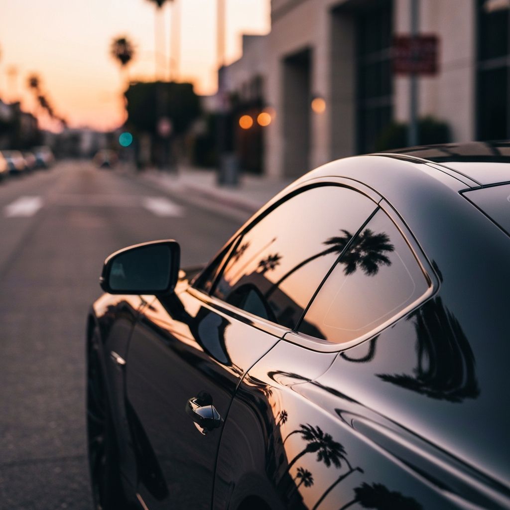 XPEL PRIME XR Plus ceramic tint on a luxury car at sunset